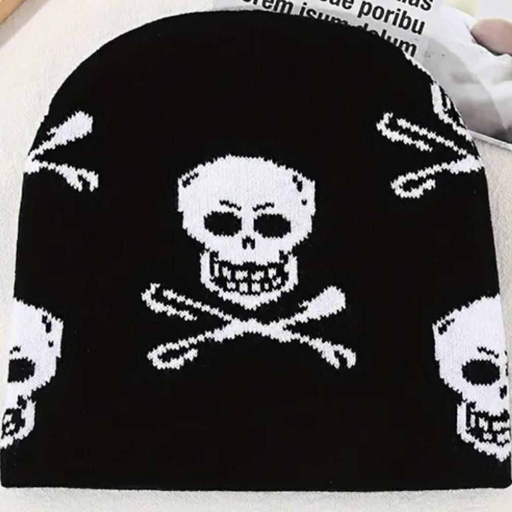 Skull & Crossbones Beanie Skeleton Skullcap Hat Halloween Skater Punk Grunge NEW